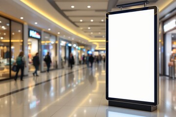 Empty digital billboard with glowing screen standing in a shopping mall, realistic style, people walking in blurred background, concept of advertising. Ai generative