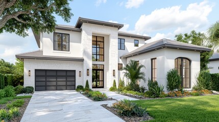 Modern White Two Story House with Gray Garage and Landscaping
