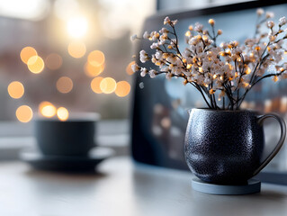 Artificial flower bouquet with warm fairy lights in ceramic jug near coffee cup on windowsill with bokeh light and sunrise showcasing cozy morning ambiance
