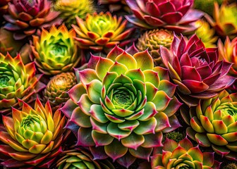 Detailed macro shots capture the beauty of Sempervivum succulents, showcasing their rosette structure in stunning detail.