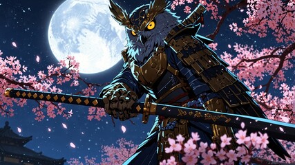 Night Owl Samurai Under Cherry Blossoms