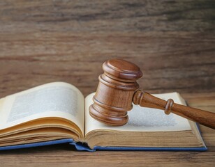 Justice Concept &ndash; Judge&rsquo;s Gavel with Law Book on Desk

