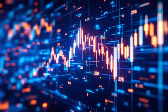 Abstract financial trading chart with glowing candlesticks and data points in a digital futuristic style on a dark blue background. Concept of finance. Ai generative