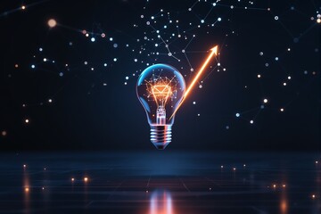Illuminated lightbulb with polygonal connections and rising arrow on a digital futuristic background, symbolizing innovation, growth, and technology. Ai generative