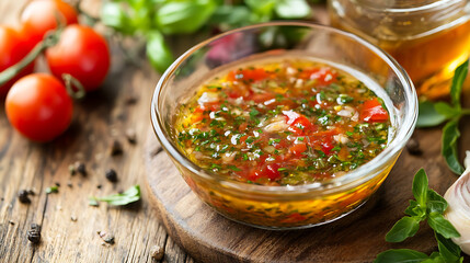 Fresh herb dressing with tomatoes and spices, perfect for salads or marinades, adds vibrant flavor to dishes and enhances culinary experiences