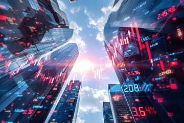 Tall glass skyscrapers with digital stock charts and numbers overlaid in a futuristic graphic style on a city background, concept of finance and trading, Ai generative