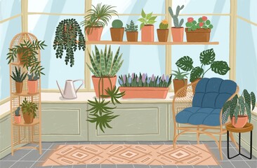  Illustration of a cozy greenhouse corner with various houseplants and a comfortable chair. 