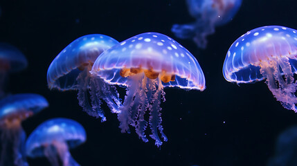 Colorful jellyfish gracefully swim in dark ocean, showcasing their translucent bodies and glowing tentacles. Their ethereal beauty captivates and enchants viewers