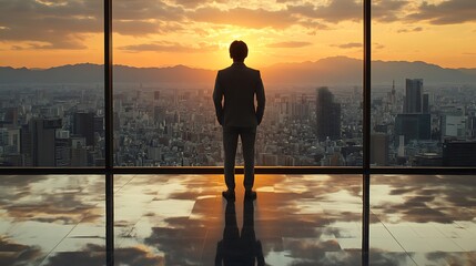Fototapeta premium Businessman Contemplation Cityscape Sunset