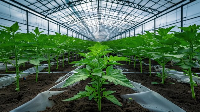 Bright tomato seedlings growing densely inside clean greenhouse, highlighting precision agriculture and eco friendly cultivation methods