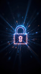 A digital lock graphic with a glowing effect, representing cyber security or data protection.