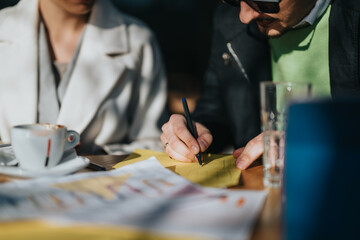 Two people collaborating over paperwork outdoors, engaging in productive discussion.