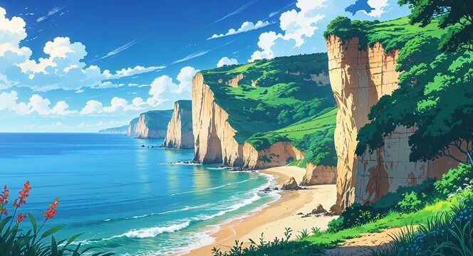 Seaside cliffs overlooking a calm ocean with vibrant greenery along the shore anime cartoon style illustration artwork design background