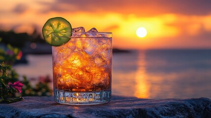 Sunset cocktail on rocks at seaside