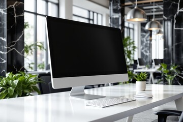 Fototapeta premium Computer monitor with keyboard and mouse on glossy white desk, green plant beside, modern office interior background, concept of workspace design. Ai generative