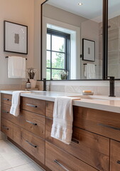 A sleek and modern bathroom with a focus on functionality, featuring a minimalist aesthetic, clean lines, and a touch of contemporary style.