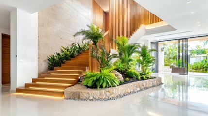 Modern Interior Design with Wooden Staircase and Greenery