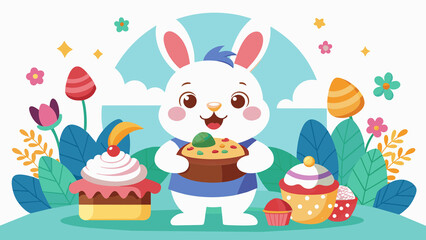 A Illustration Of A Cute Bunny Eating Candies With A Plate Full Of Chocolates