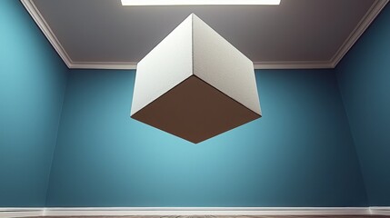 Modern room interior featuring a bright ceiling light illuminating the space with a 3d augmented reality marker cube