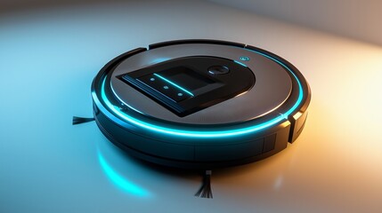 Fototapeta premium Modern robotic vacuum cleaner with glowing accents in a minimalistic home setting showcasing smart home technology