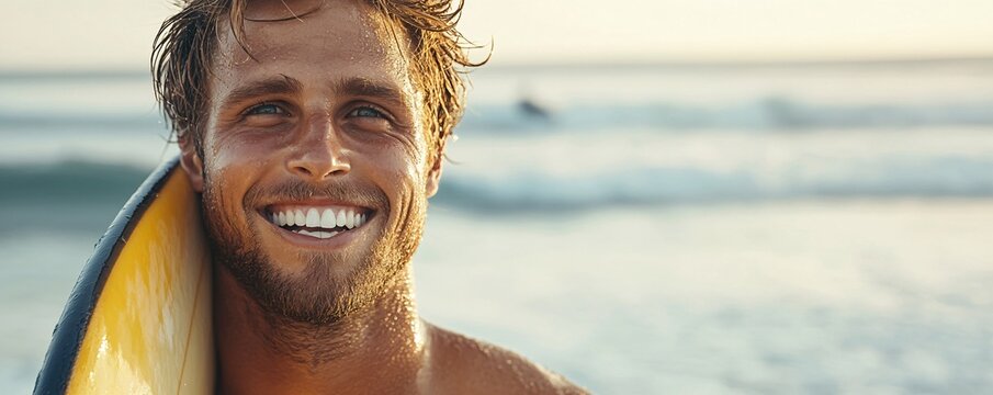 Handsome surfer smiling holding surfboard at the beach