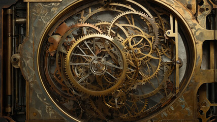 Obraz premium Intricate arrangement of interconnected clockwork gears and brass mechanism elements