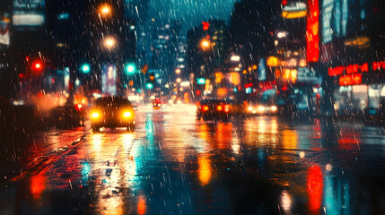 Obraz premium Rain falling on city street at night reflecting blurred traffic lights