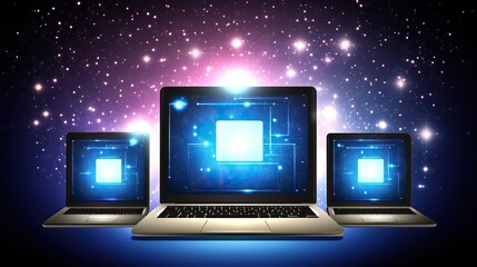 Connected laptops, technology concept, digital circuit board, starry background