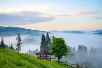 Mountains in the early morning fog