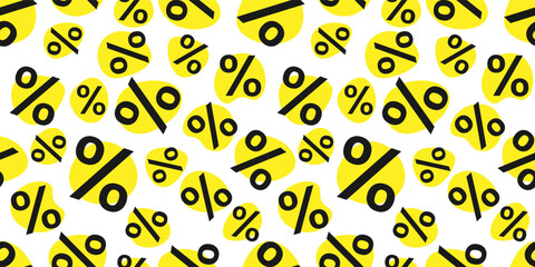 Seamless pattern Sale with black percent sign, scattered symbol % on yellow abstract text box on white background. Backdrop for wallpaper, paper bag. Vector illustration EPS10