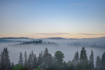 Mountains in the early morning fog