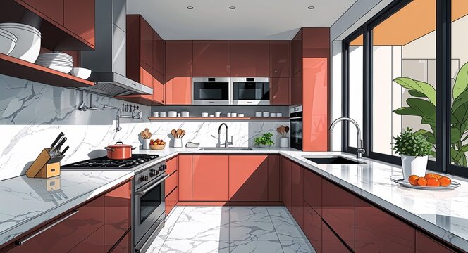 sleek kitchen with high end appliances and marble countertops anime cartoon style illustration artwork design background