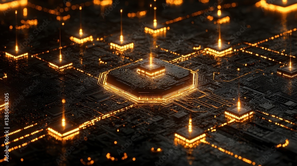Poster intricate computer circuit board with glowing lights representing advanced technology and artificial