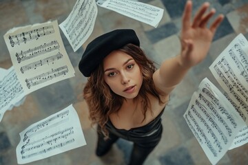 A woman in black reaches for falling sheet music on a staircase, captured from an overhead perspective.
