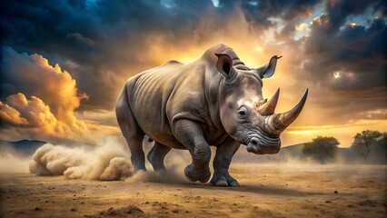 Fototapeta premium A Powerful Rhinoceros in a Dynamic Pose, Ready to Charge