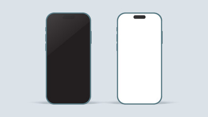 3D Smartphone Mockup with Shadow – Front View Silver Green Mobile Phone with Black and White Blank Screens for App UI, UX Design, Website, and Presentation Display. Vector.