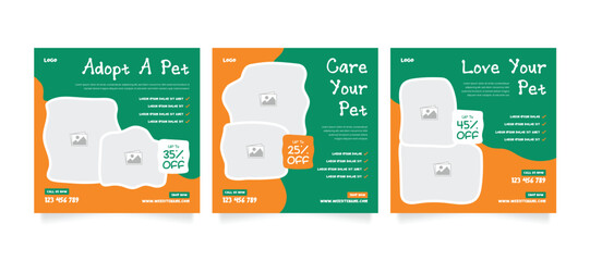 Set of pet care promotion banner social media pack template. Pet adoption social media post template. Pet shop social media carousel template. 