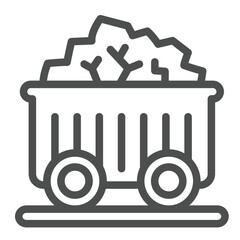 Trolley with coal on rails line icon, coal mining concept. Vector graphics. Coal cart wagon, transportation sign on white background, outline style icon for mobile or web design.