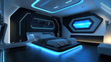 Futuristic bedroom interior, glowing lights, modern design