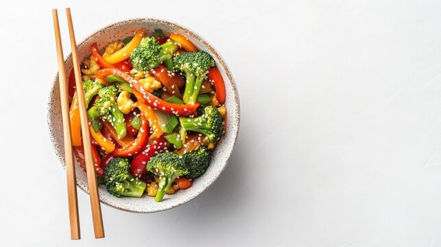 A bowl of colorful vegetable stir-fry with bell peppers, broccoli, and sesame seeds. Featuring health and flavor