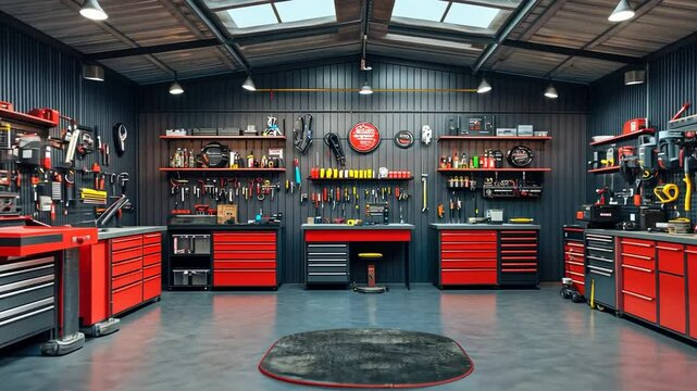 Organized and well-lit workshop with red and black tool cabinets