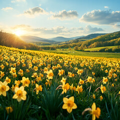 Fototapeta premium A blossoming springtime field with daffodils and songbirds in the air