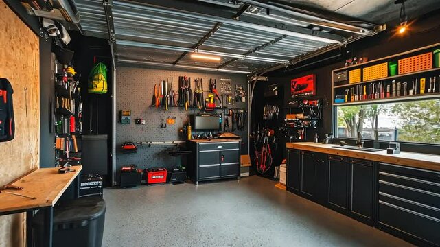 Organized Garage Workshop with Modern Black Cabinets and Pegboard Walls