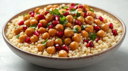 A bowl of couscous with roasted chickpeas and pomegranate seeds. Featuring texture and vibrancy