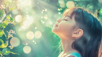 A kid is carefree in a summer park, breathing fresh air, feeling faith, praise, happiness, and freedom, while resting and turning their face up to the sun, eyes closed, feeding on nature's energy and