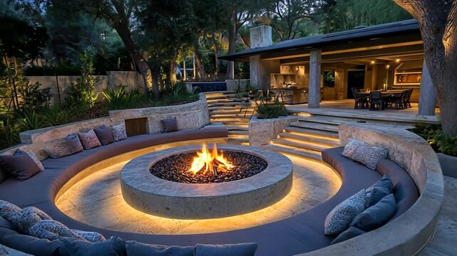 Outdoor Fire Pit with Circular Seating and Modern Architecture