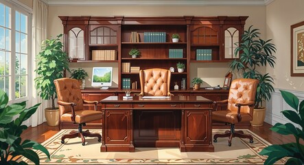 sophisticated home office with polished wood desk and leather chairs anime cartoon style illustration artwork design background