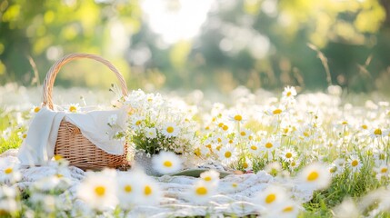 Wicker picnic basket lying on blanket surrounded by daisies in a field at sunset © HISTOCK