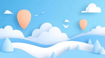 Pastel Hot Air Balloons Over Snowy Paper Art Landscape