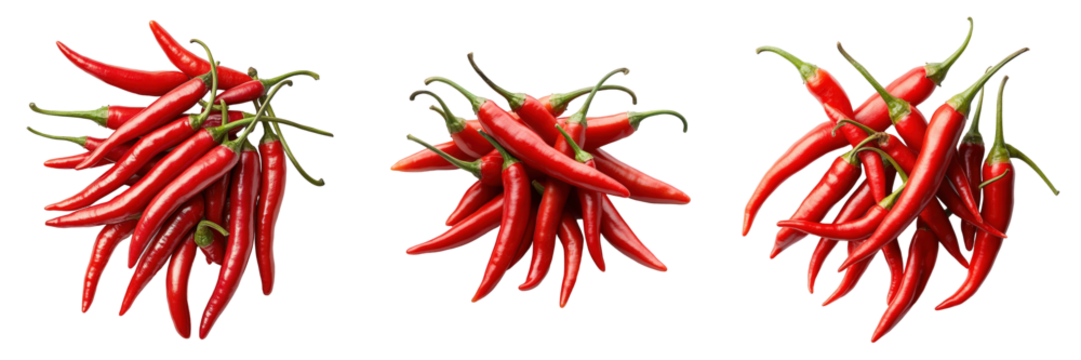 Three arrangements of vibrant red chili peppers.